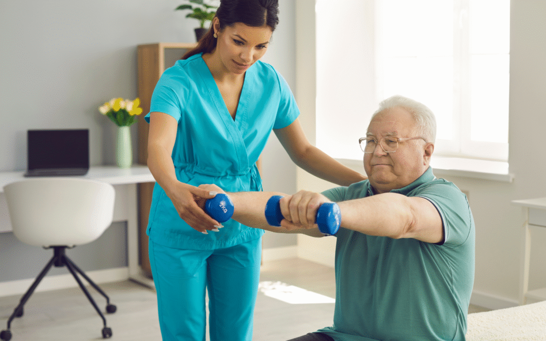 An occupational therapist is guiding an elderly men through exercises at home.