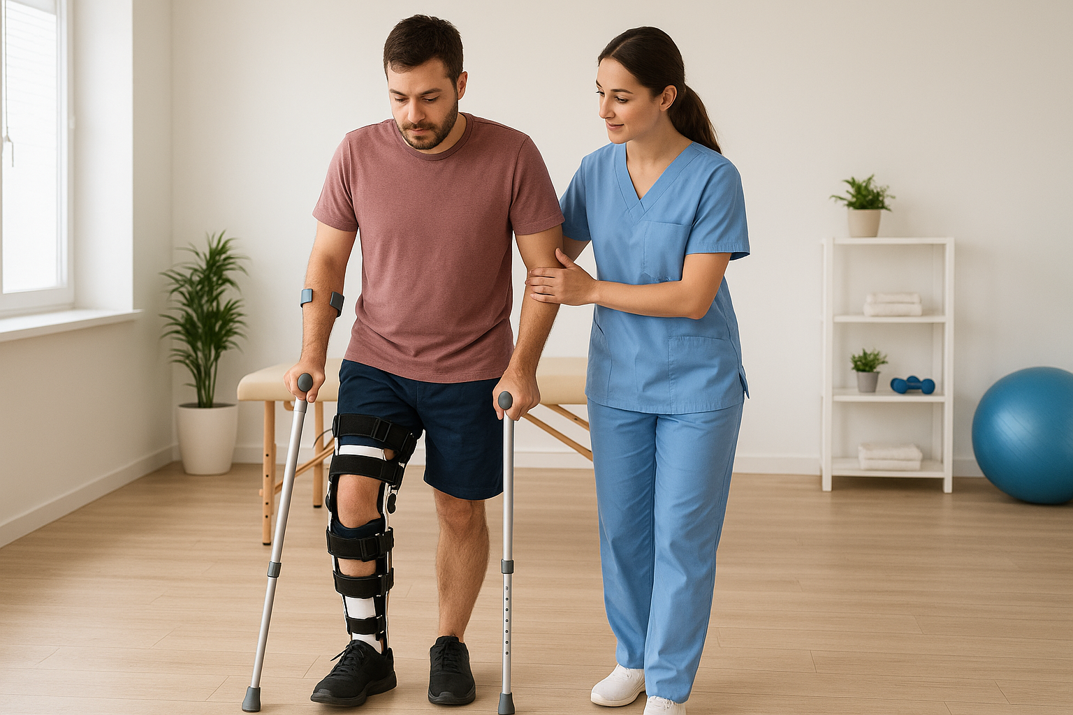 earning to walk with an orthopedic device alongside an occupational therapist.