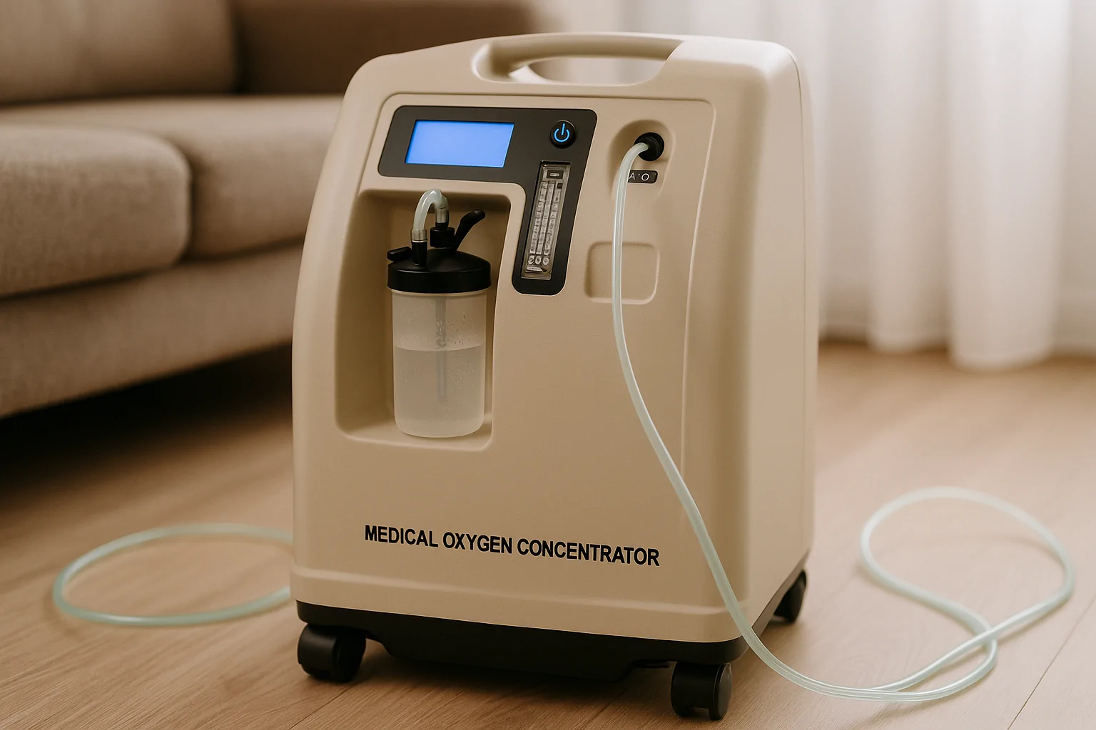 Medical oxygen concentrator in operation, essential equipment for home patient care.
